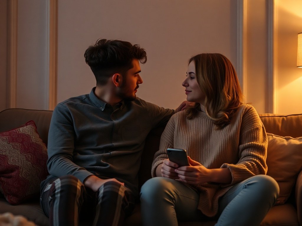 A couple sitting together, engaged in a heartfelt conversation.