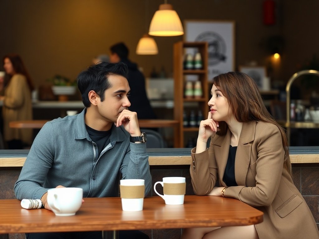 A couple engaged in deep conversation over coffee, symbolizing communication in relationships.